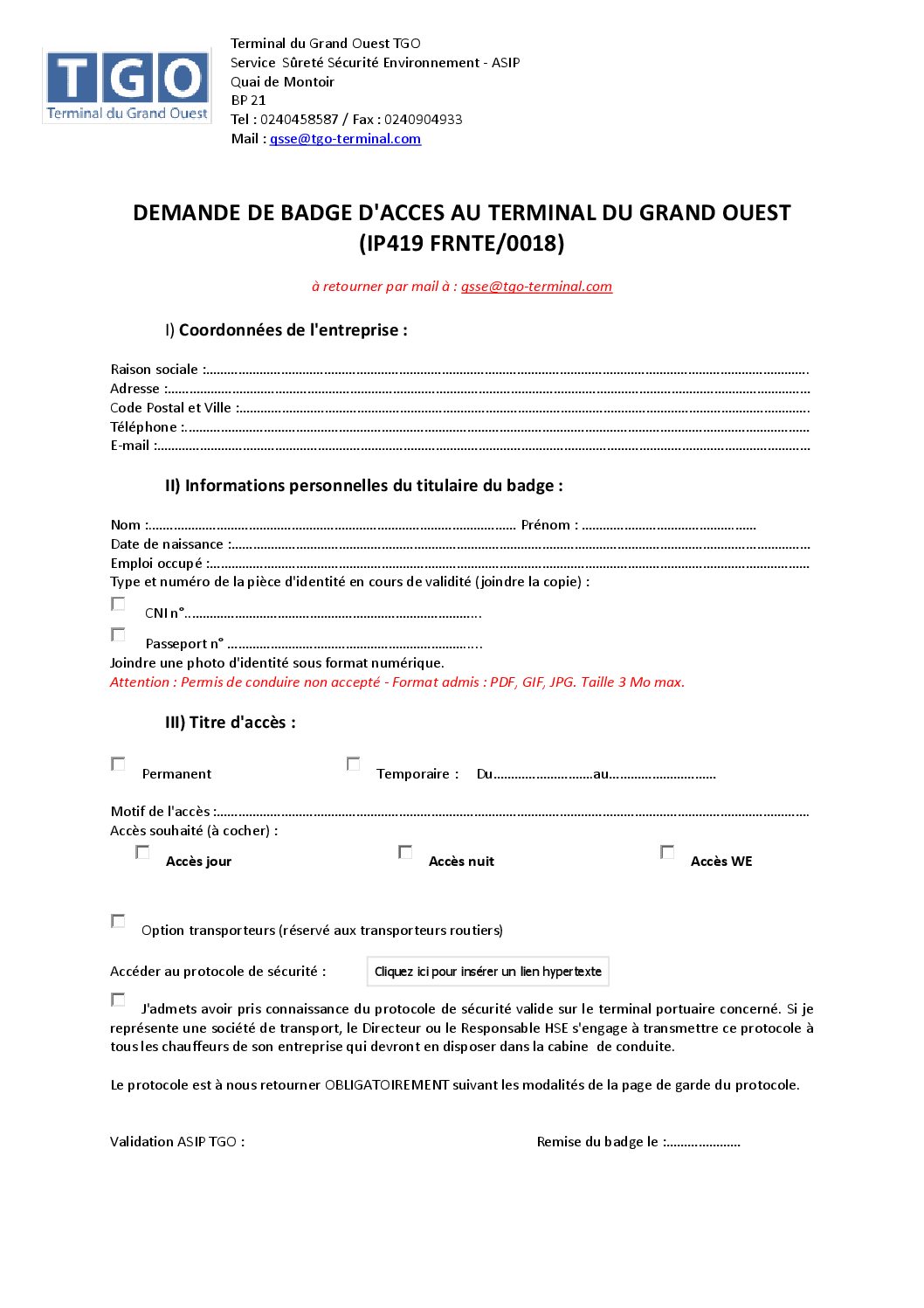 Formulaire '' Demande De Badge Adp Roissy